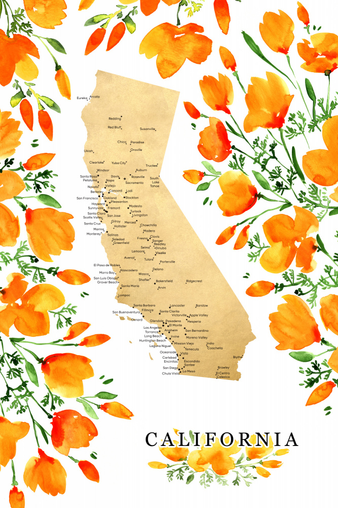 California map with watercolor poppies von Rosana Laiz Blursbyai