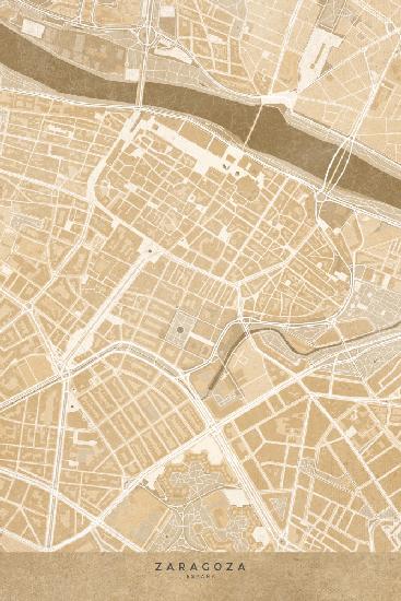 Map of Zaragoza downtown (Spain) in sepia vintage style