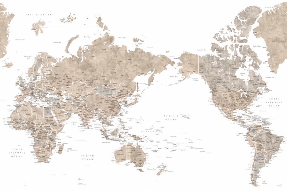 Pacific centered world map in taupe von Rosana Laiz Blursbyai