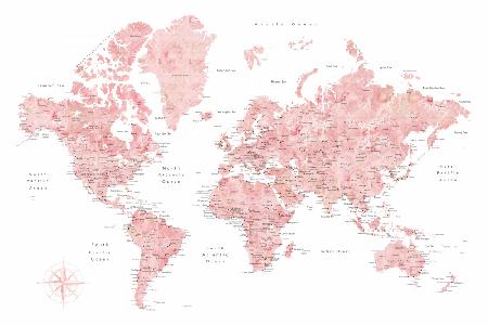 Pink watercolor world map with cities, Alheli
