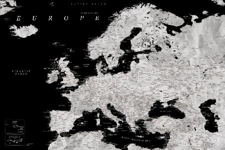Black and grey detailed map of Europe