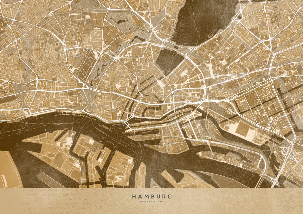 Sepia vintage map of Hamburg downtown Germany von Rosana Laiz Blursbyai