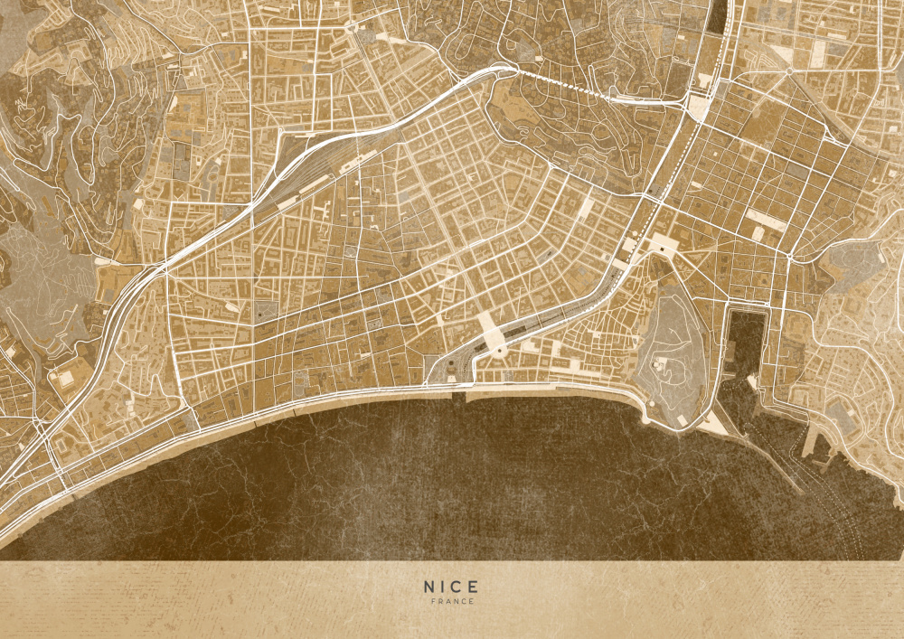 Sepia vintage map of Nice downtown France von Rosana Laiz Blursbyai