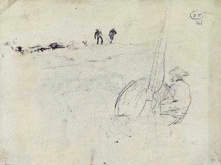 Studienblatt: Mann in einem Segelboot, zwei Figuren