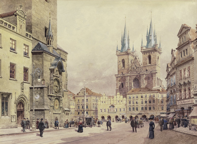 Blick auf die Teynkirche und die Mariensäule am Altstädter Ring zu Prag von Rudolf von Alt
