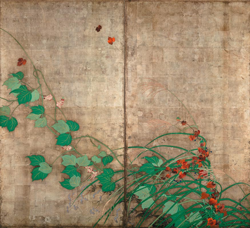 Sommer- und Herbstpflanzen. (Teil von zwei Hängerollen, Diptychon) von Sakai Hoitsu