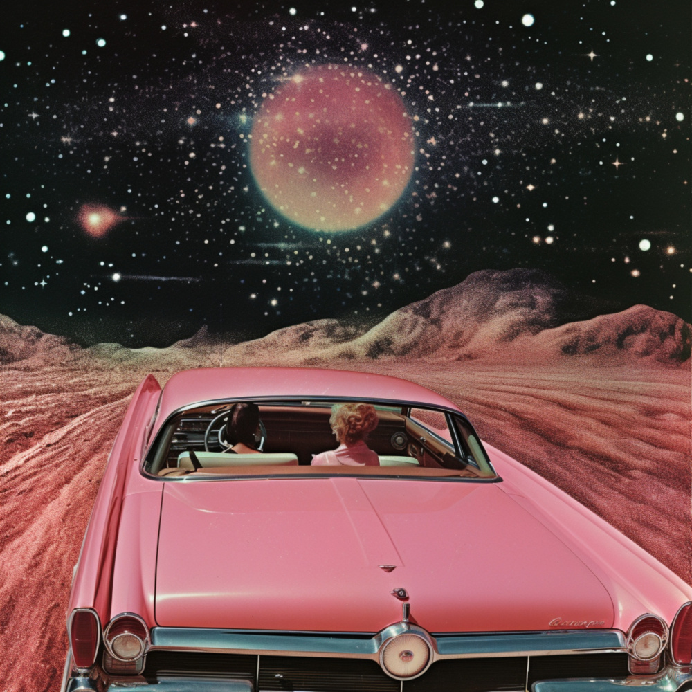 Pink Vintage Car in Space Collage Art von Samantha Hearn