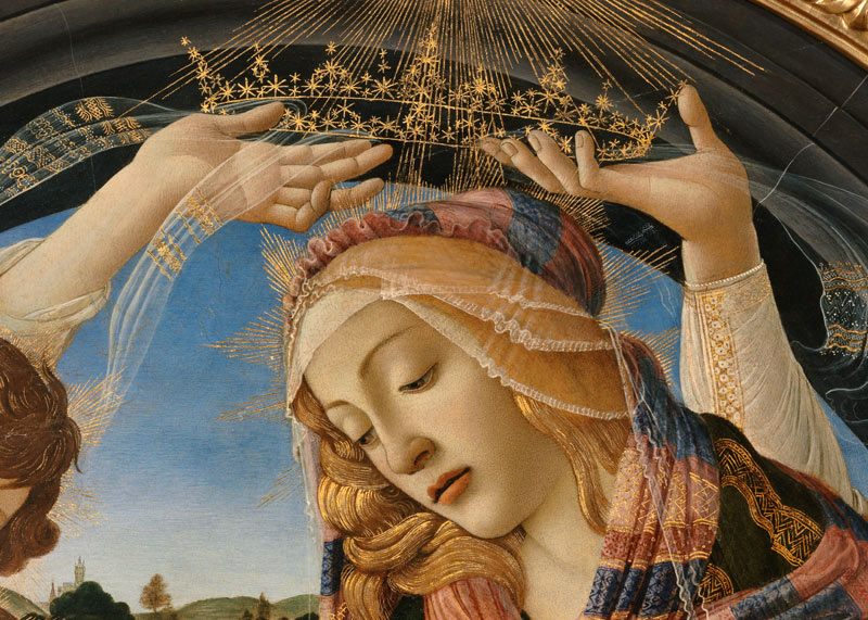 The Madonna of the Magnificat, detail of the Virgin's face and crown, 1482 (tempera on panel) (detai von Sandro Botticelli