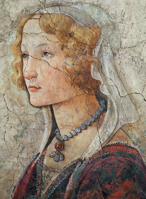 Venus and the Three Graces Offering Gifts to a Girl, detail of the girl's head von Sandro Botticelli