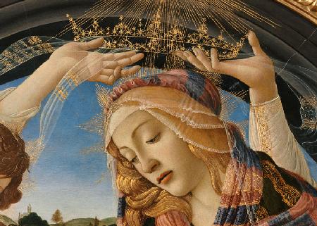 The Madonna of the Magnificat, detail of the Virgin's face and crown, 1482 (tempera on panel) (detai 19th