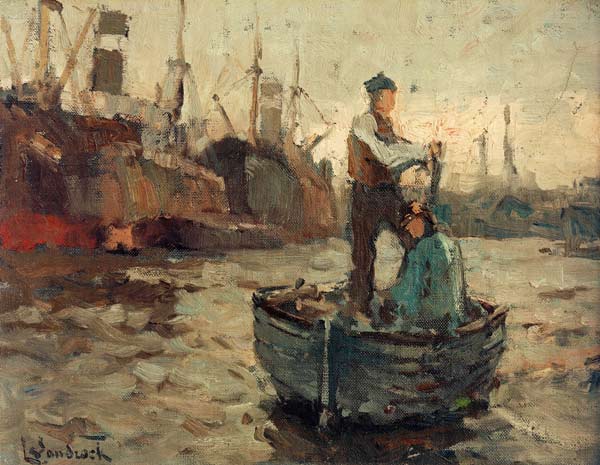 Zwei Männer in einem Segelboot beim Wriggen von Sandrock Leonhard