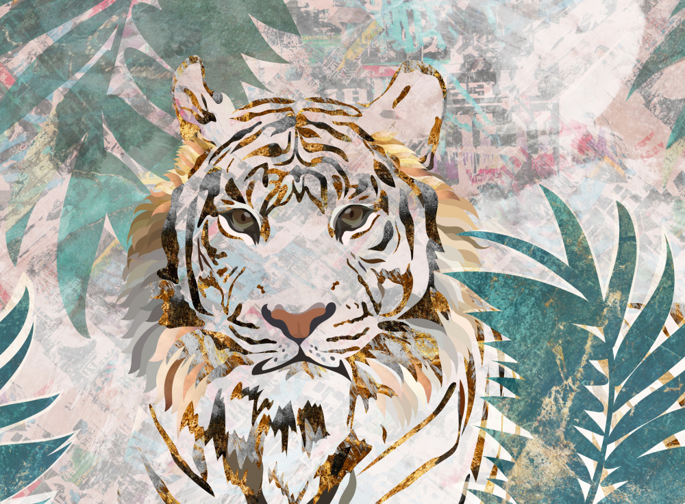 Tiger grunge tropical palm wall mural von Sarah Manovski