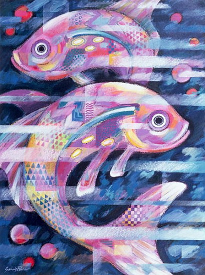 Fishstream (acrylic and oil pastel on paper)  von Sarah  Porter