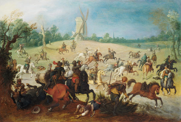 A cavalry battle in a wooded valley before a windmill von Sebastian Vrancx