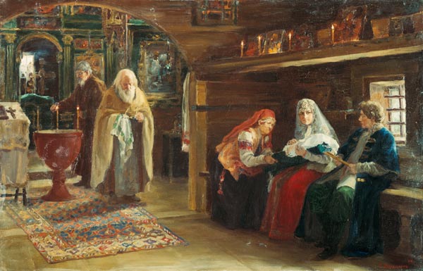Taufe in einer russischen Dorfkirche von Sergej Dimitir Miloradowitsch