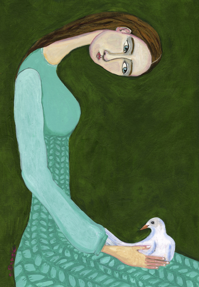 Lady sitting with white dove bird woman von Sharyn Bursic