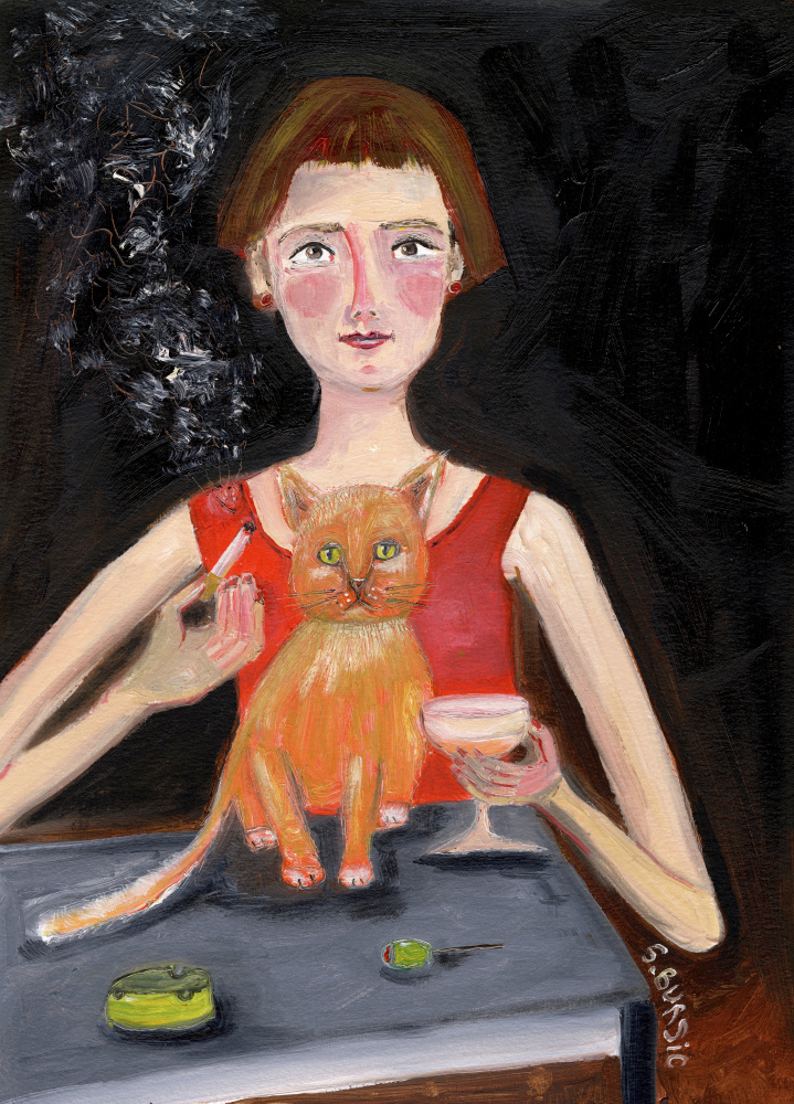 Vintage woman with cocktail and cat von Sharyn Bursic
