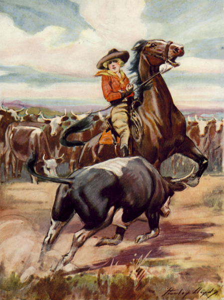 Scene from At the Mercy of Brigands: a cowgirl on horseback being charged by a large steer von Stanley Lloyd