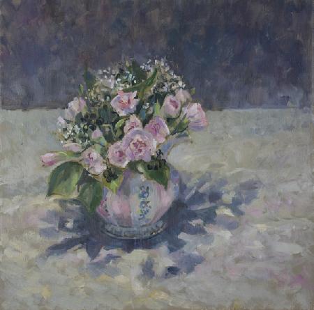 Pinks in stripey jug