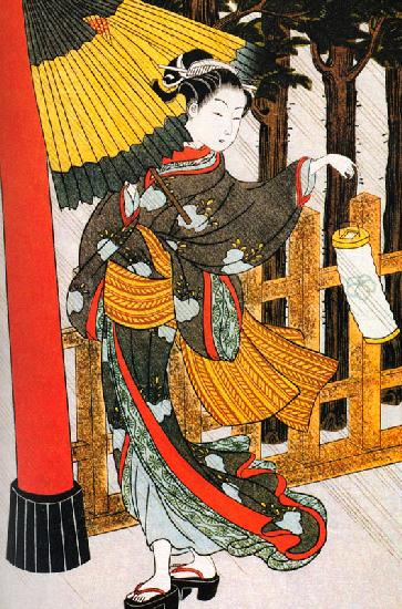 Ein Mädchen unterwegs zum Shinto Schrein in regnerischer Nacht