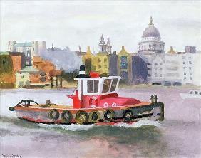 Red Tug passing St. Pauls, 1996 (w/c & gouache on paper) 