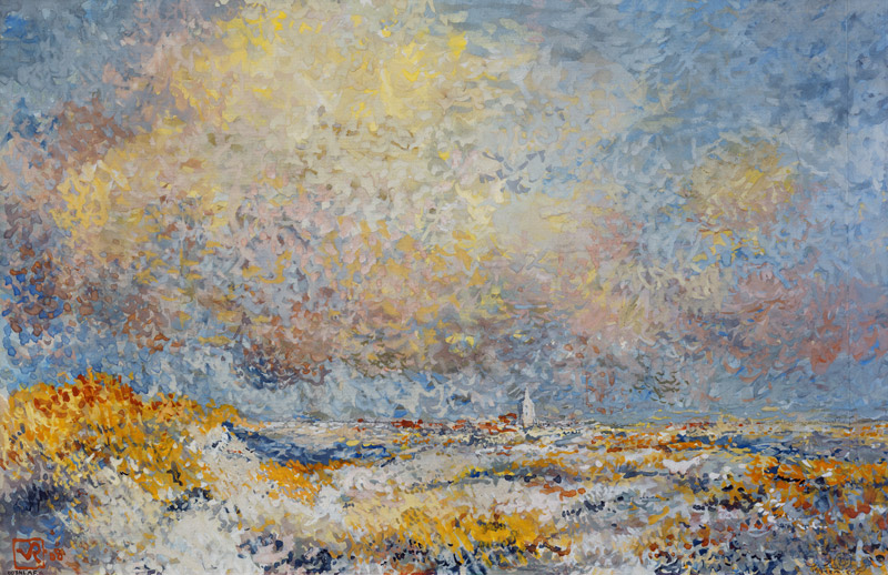 Dünenlandschaft mit Blick auf eine kleine Stadt. von Theo van Rysselberghe