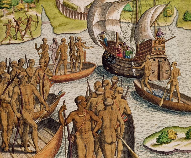 ''The Lusitanians send a second Boat towards me'', from ''Americae Tertia Pars...'' von Theodore de Bry