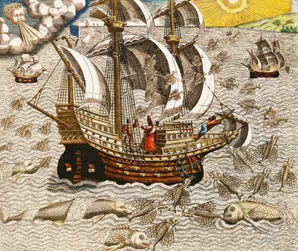 Flying Fish Meet in the Torrid Zone, from ''Americae Tertia Pars...'' von Theodore de Bry