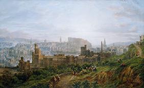 Edinburgh. Blick vom Carlton Hill über das Gefängnis und die Stadt zum Schloss.