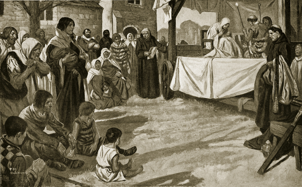 The performance of an early mystery play, illustration from Hutchinsons Story of the British Nation, von Thomas Heath Robinson