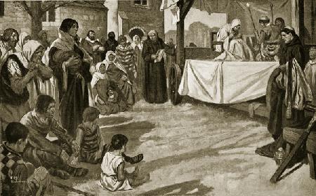 The performance of an early mystery play, illustration from Hutchinsons Story of the British Nation,