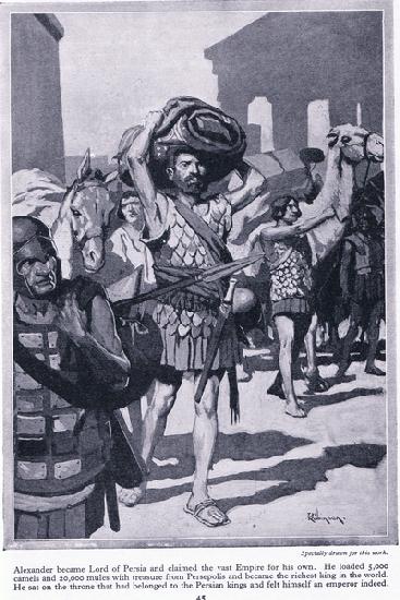 Looting a city of treasure: Alexander became lord of Persia. He loaded all the treasures from Persep
