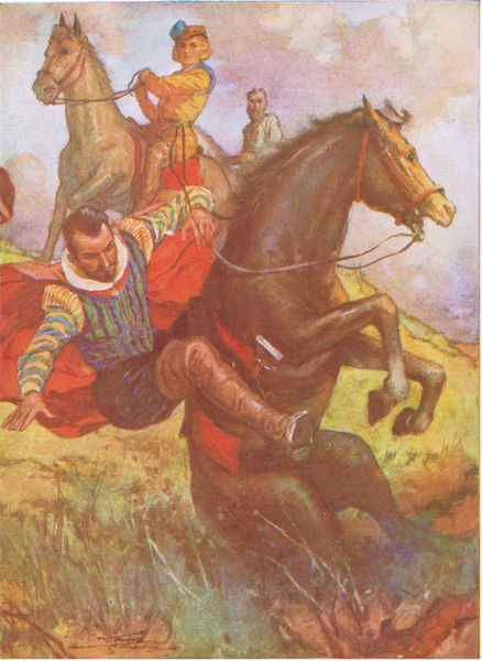 An incident from Westward Ho, Newnes Pictorial Knowledge Volume 7 published, 1950s von Thomas Heath Robinson