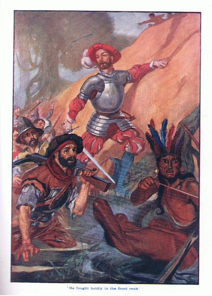 He fought boldly on the front rank, from Romance of Mexico published by T C & E C Jack 1909 von Thomas Heath Robinson