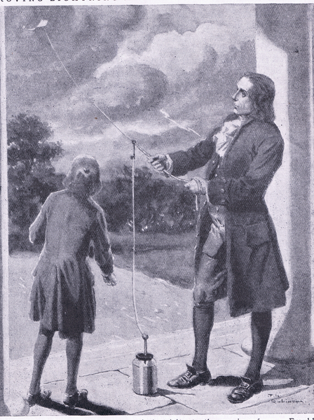 Franklin proving lightning and electrical phenomenom, illustration fromCassells Romance of Famous Li von Thomas Heath Robinson