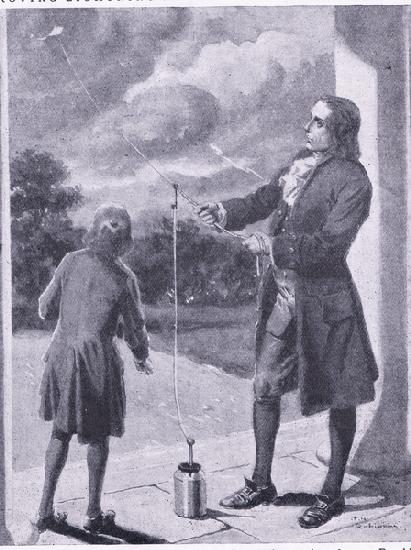 Franklin proving lightning and electrical phenomenom, illustration fromCassells Romance of Famous Li