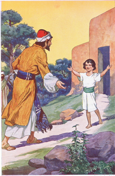 Jesus heals the noblemans son, illustration from Pictures That Teach The Crown Series , 1920 von Thomas Heath Robinson