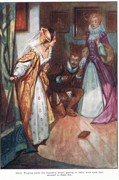 Mary, flinging aside the tapestry, stood gazing at them with eyes that seemed to flash fire von Thomas Heath Robinson