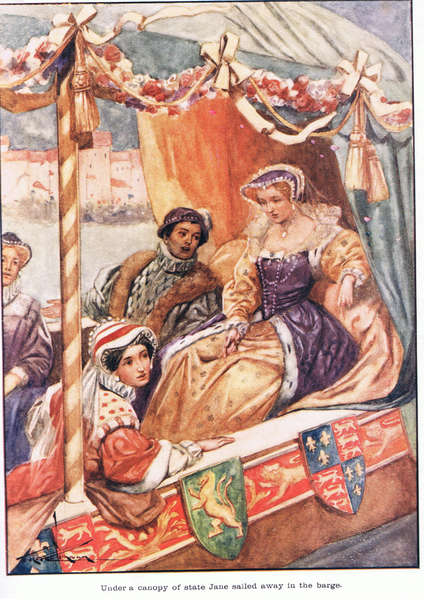 Under a canopy of state, jane sailed away in the barge von Thomas Heath Robinson