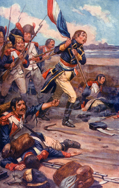 With cheers they followed him under the deadly fire von Thomas Heath Robinson