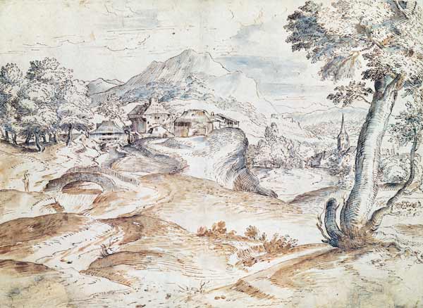 Wooded landscape with village and church (wash & ink on paper) von Tizian (Tiziano Vercellio/ Titian)
