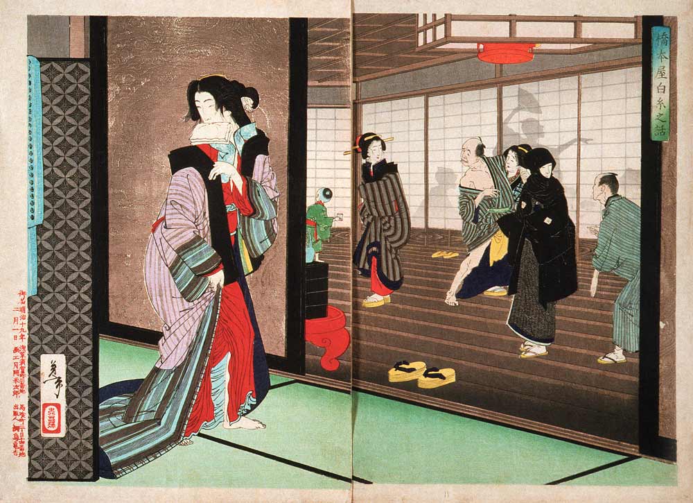 Die Kurtisane Shiraito aus dem Haus Hashimoto-ya. Diptychon. Aus der Serie "Shinsen azuma nishiki-e" von Tsukioka Yoshitoshi