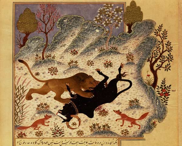 A Lion Attacking and Killing a Bull, from Rabila wa Dinma' von Turkish School