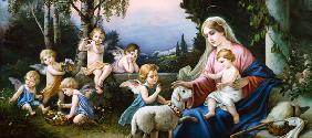 Maria mit Jesuskind, Schaf und Putten in einer idealisierten Landschaft.