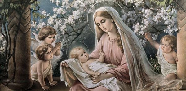 Maria unter Kirschblüten mit Jesuskind und Engeln
