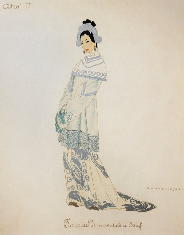 Kostüm für eine junge Frau aus Turandot von Giacomo Puccini, Entwurf von Umberto Brunelleschi (1879- von Umberto Brunelleschi