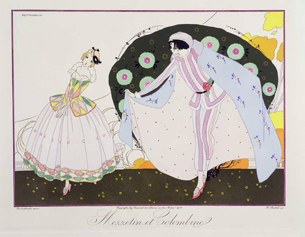 Mezzetin und Colombine, gestochen von Henri Reidel (fl. 1914-20) 1914, aus der Ausgabe „Masken und F von Umberto Brunelleschi