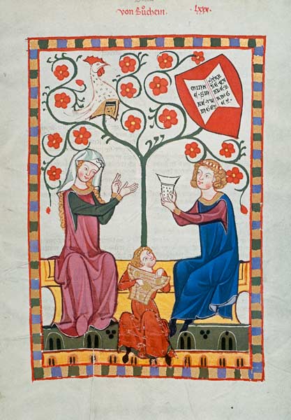 Der von Buocheim, auf einer Bank seiner Dame zutrinkend. Zu Füßen ein Zither spielender Knabe. von Unbekannter Künstler