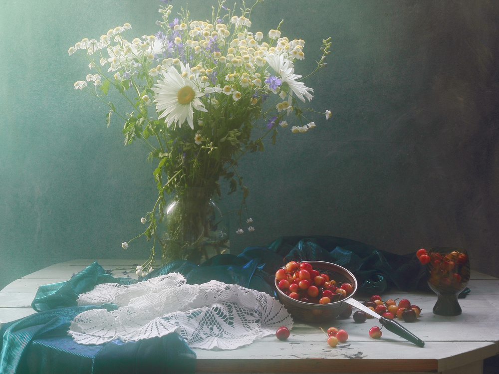 Still life with Cherry and Chamomiles von UstinaGreen
