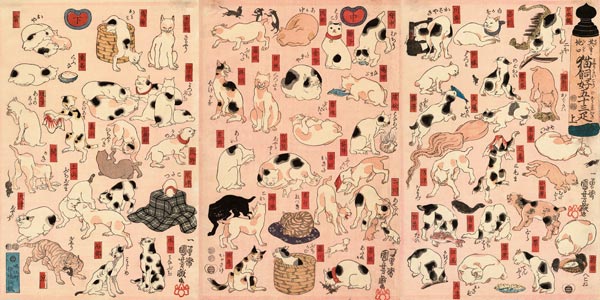 Katzen. Aus der Serie "Dreiundfünfzig Stationen der Tokaido-Straße" (Triptychon) von Utagawa Kuniyoshi